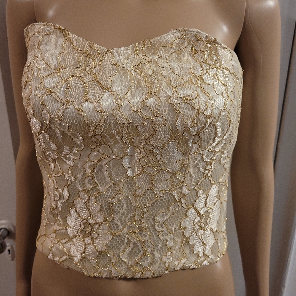 IVORY SATIN BUSTIER IVORY/GOLD LACE strapless/boned sides Size XXS/0 HANDMADE